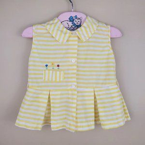 Vintage 1960s Handmade Floral Embroidered Yellow Stripe Pleated Baby Dress 3-6M